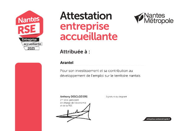 Attestation d'entreprise accueillante pour Arantel en 2025